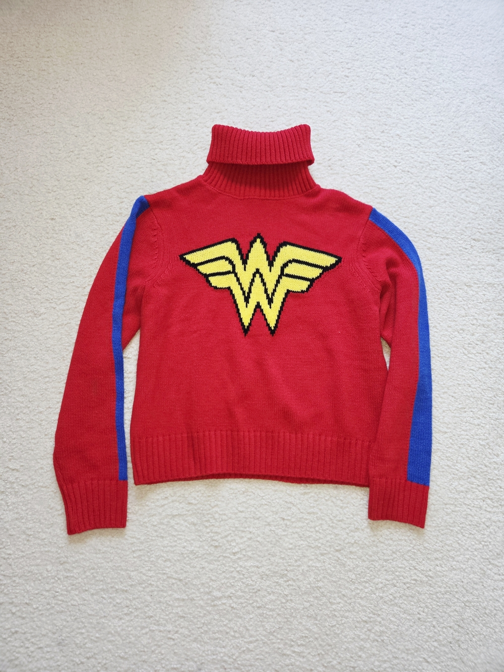 DC Red Turtleneck Sweater with Yellow Logo and Blue Sleeve Stripes
